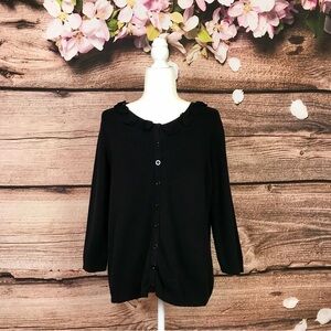 Designers Originals Women’s Black Crewneck Flowers Button Down Cardigan Sweater
